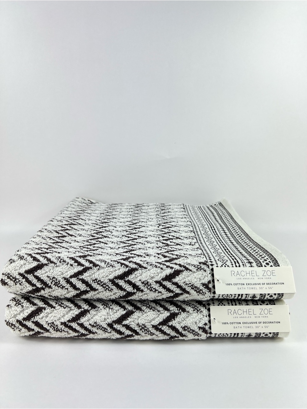 Rachel Zoe Bath Towel Set Brown Cream Zigzag Chevron Soft 100% Cotton 2 Pc NEW